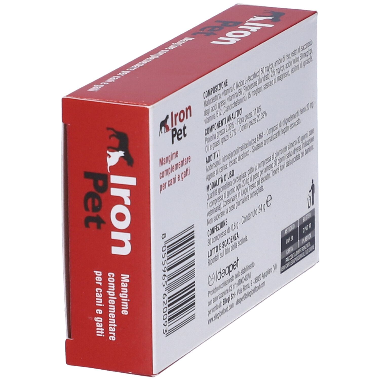 Scatola rossa con nome prodotto Iron Pet e logo. Testo: Mangime complementare per cani e gatti. Retro con informazioni sul prodotto.