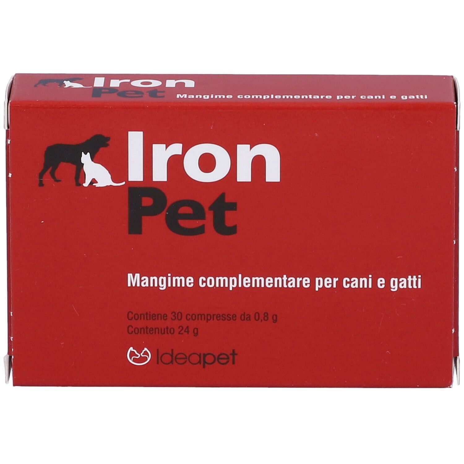 Scatola rossa con nome prodotto Iron Pet e logo. Testo: Mangime complementare per cani e gatti. Contiene 30 compresse.