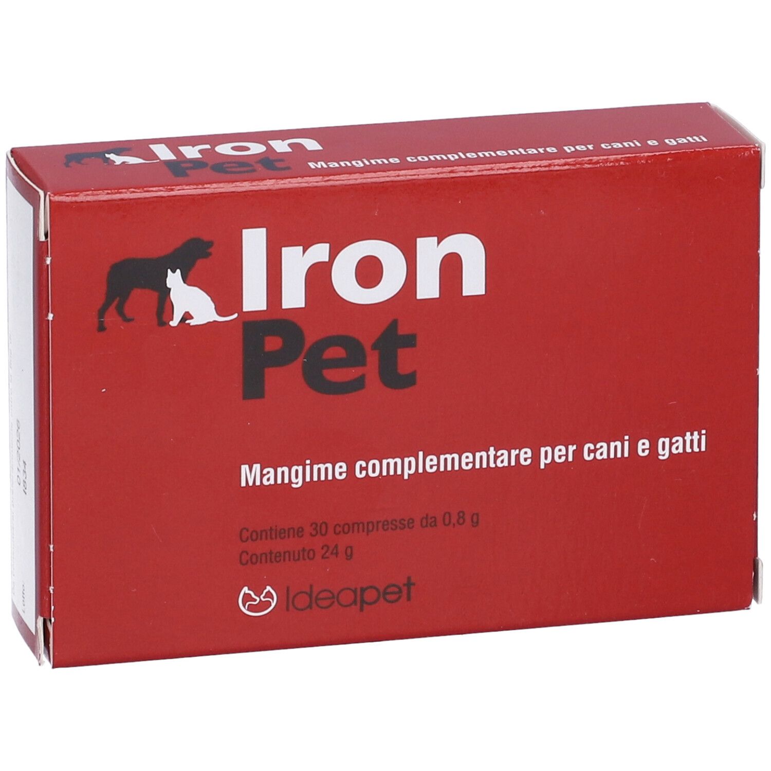Scatola rossa con nome prodotto Iron Pet e logo. Testo: Mangime complementare per cani e gatti. Contiene 30 compresse.