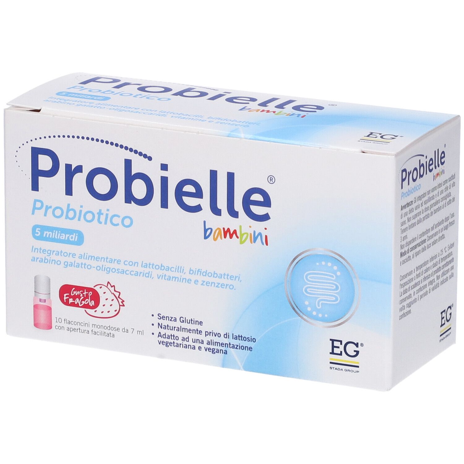 Scatola Probielle Bambini Probiotico. Contiene 10 flaconcini. Scritta: 5 miliardi, senza glutine, senza lattosio, vegetariano/vegano.
