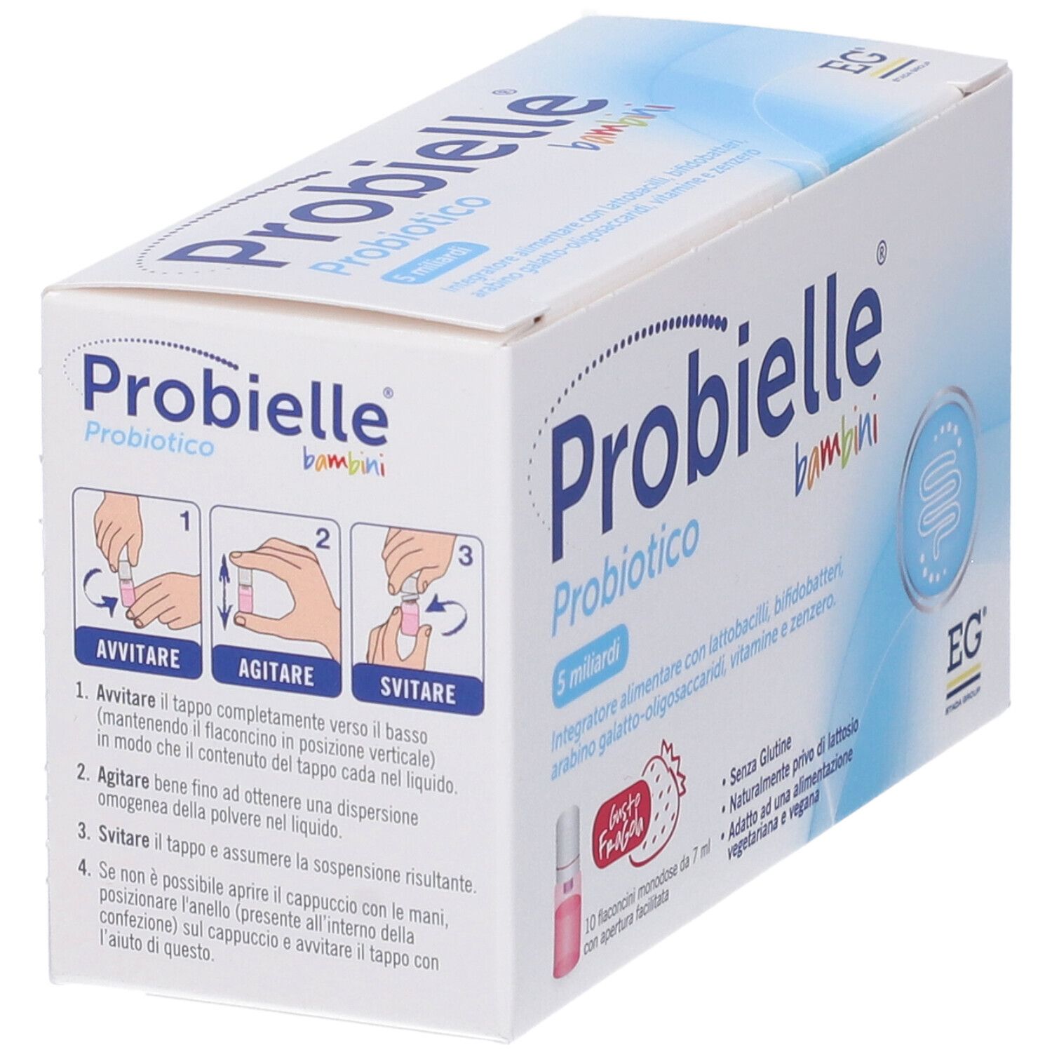 Scatola Probielle Bambini Probiotico. Istruzioni per aprire il flaconcino. Illustrazioni: avvitare, agitare, svitare.