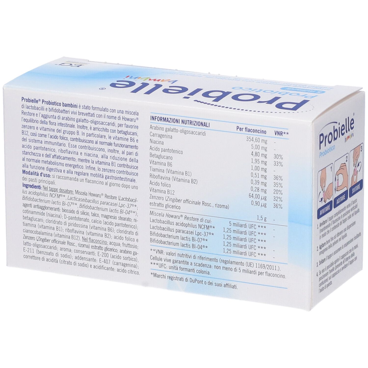 Scatola Probielle Bambini Probiotico. Retro con informazioni nutrizionali e ingredienti. Contiene informazioni su vitamine e batteri.