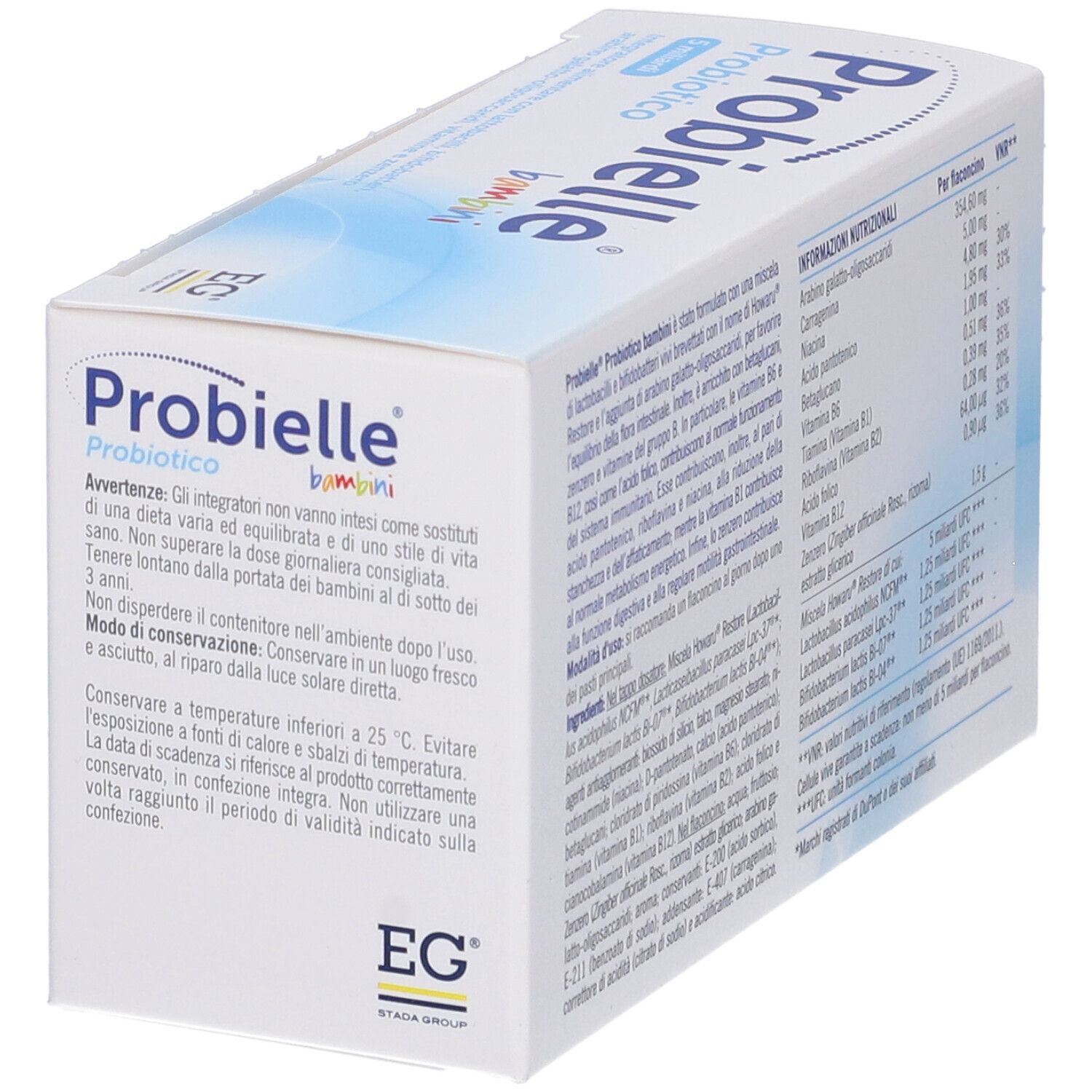 Scatola Probielle Bambini Probiotico. Lato con avvertenze e consigli di conservazione. Contiene informazioni sulla conservazione.