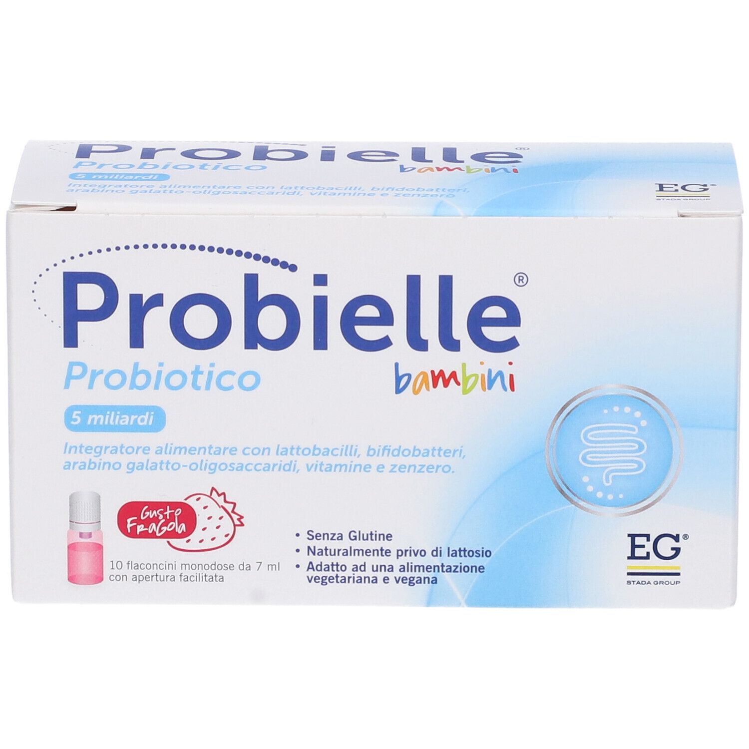 Scatola Probielle Bambini Probiotico. Contiene 10 flaconcini. Scritta: 5 miliardi, senza glutine, senza lattosio, vegetariano/vegano.