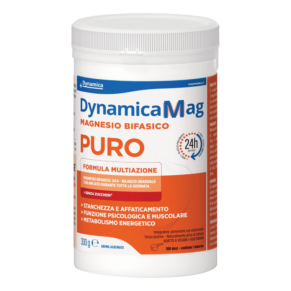 Contenitore bianco con testo rosso e blu. Scritta: DynamicaMag, Magnesio Bifasico PURO. 300g.