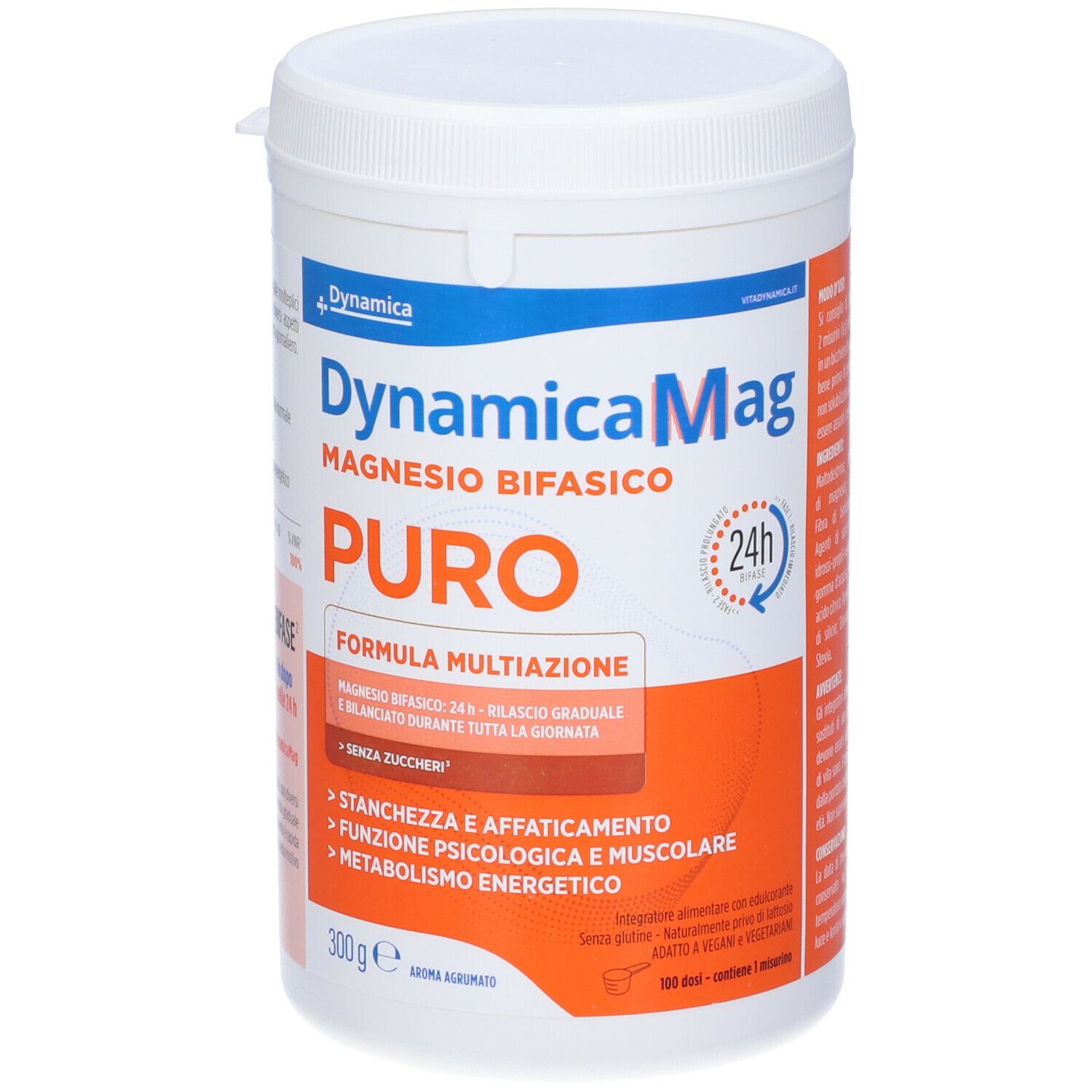 Contenitore bianco con testo rosso e blu. Scritta: DynamicaMag, Magnesio Bifasico PURO. 300g.