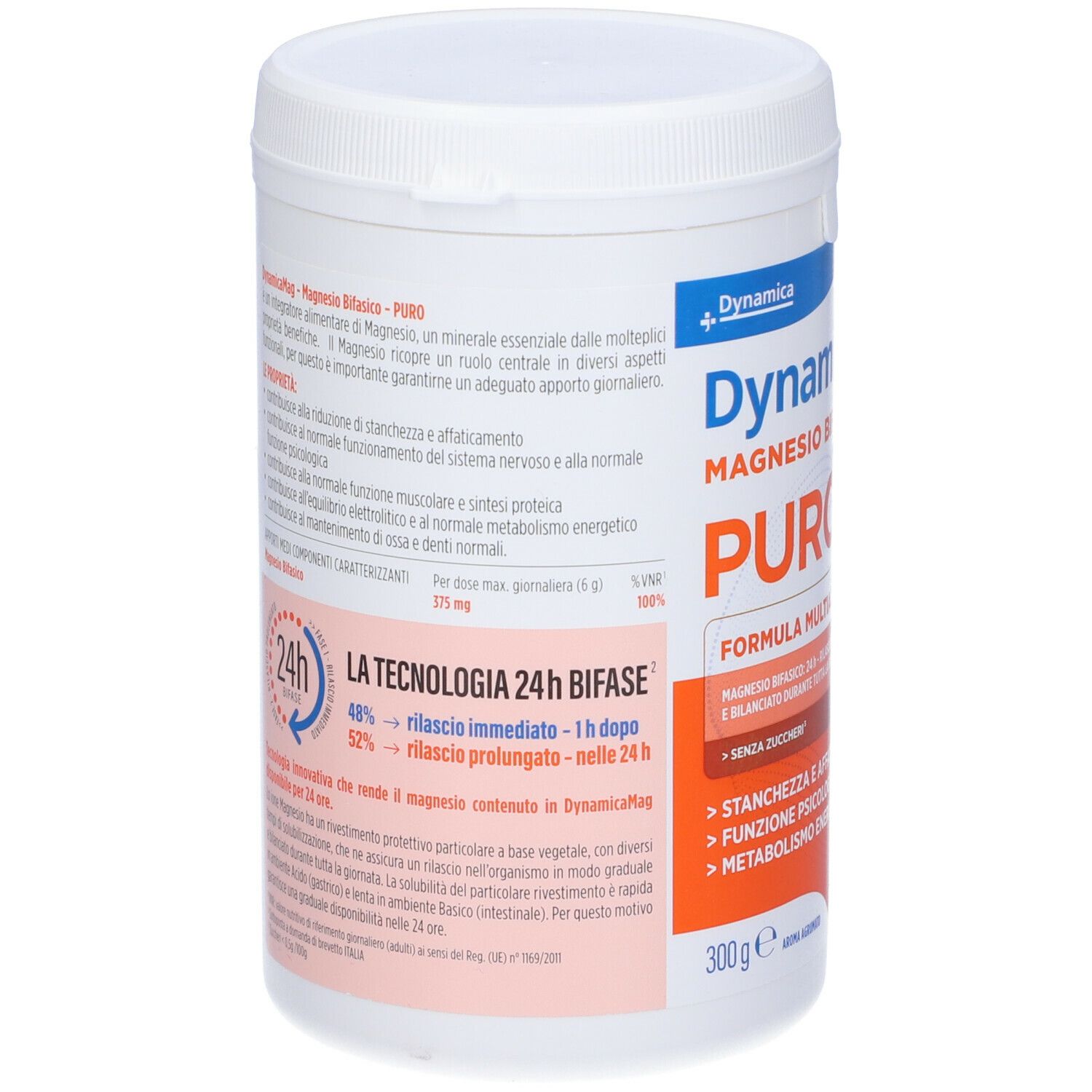 Contenitore bianco con testo rosso e blu. Scritta: DynamicaMag, Magnesio Bifasico PURO. 300g. Testo in italiano.