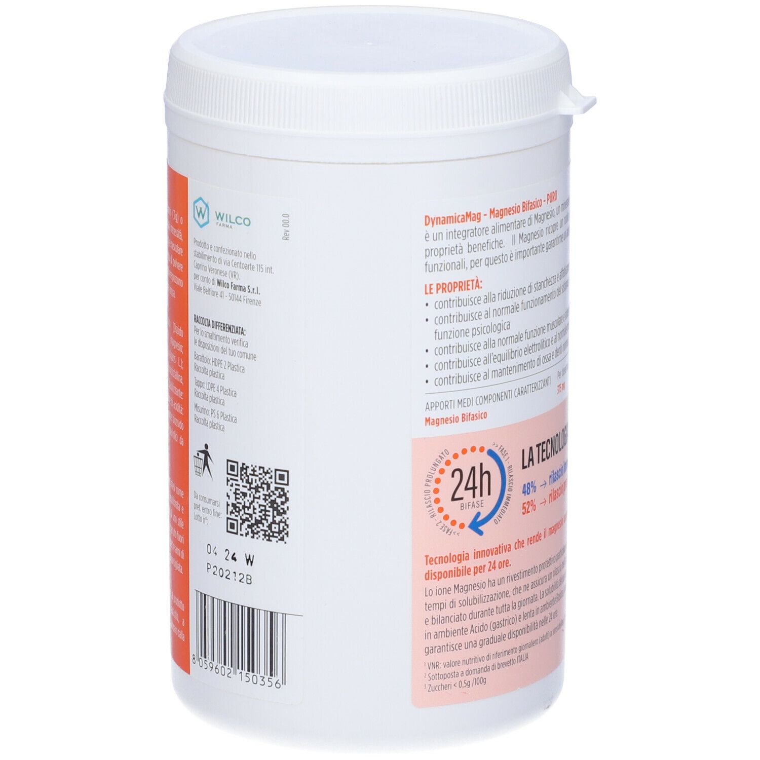 Contenitore bianco con testo rosso e blu. Scritta: DynamicaMag, Magnesio Bifasico PURO. Codice QR e testo in italiano.