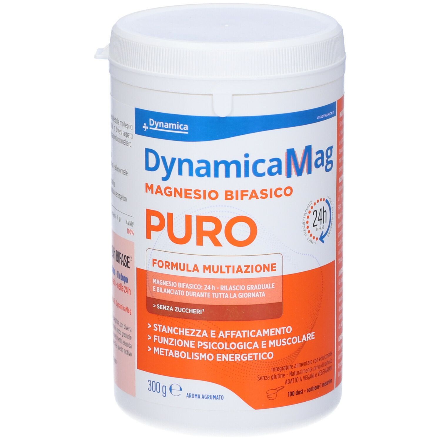 Contenitore bianco con testo rosso e blu. Scritta: DynamicaMag, Magnesio Bifasico PURO. 300g.