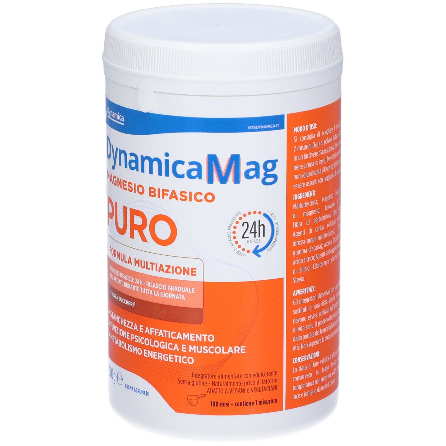 Contenitore bianco con testo rosso e blu. Scritta: DynamicaMag, Magnesio Bifasico PURO. 300g. Testo in italiano.