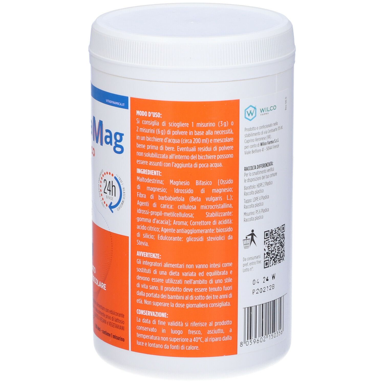 Contenitore bianco con testo rosso e blu. Scritta: DynamicaMag, Magnesio Bifasico PURO. Testo in italiano.