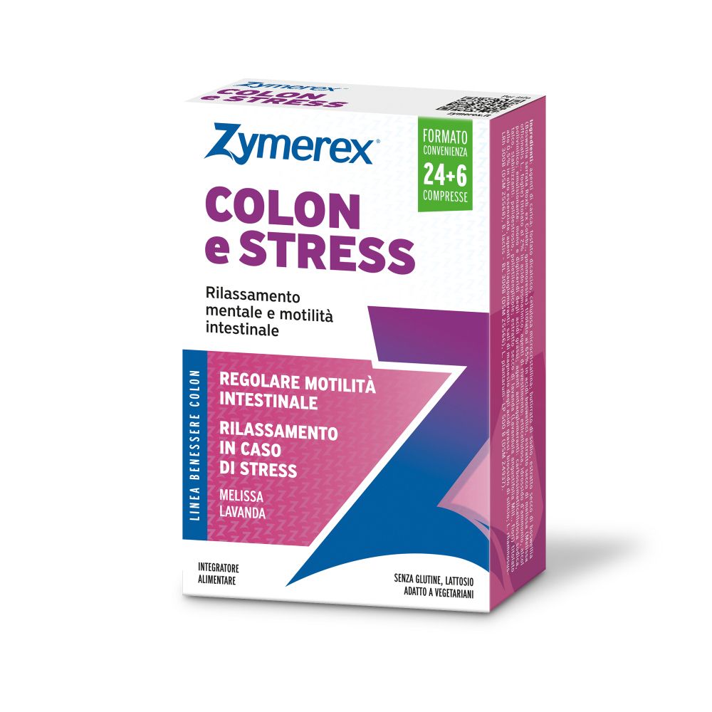 Confezione di Zymerex Colon e Stress Compresse. Contiene 24+6 compresse. Scritta 'Rilassamento mentale e motilità intestinale'.