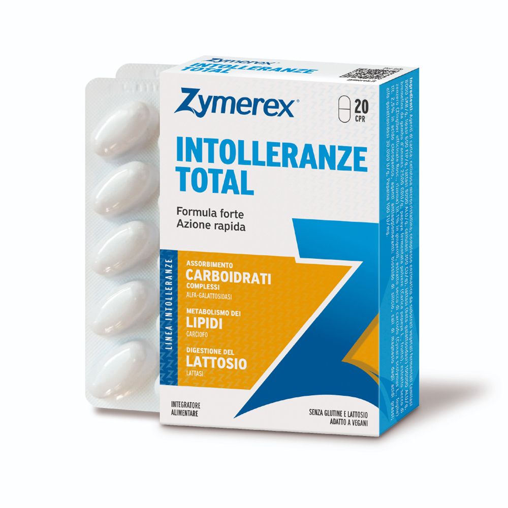 Zymerex INTOLLERANZE TOTAL. Confezione e blister di compresse. Scritta: 20 CPR.