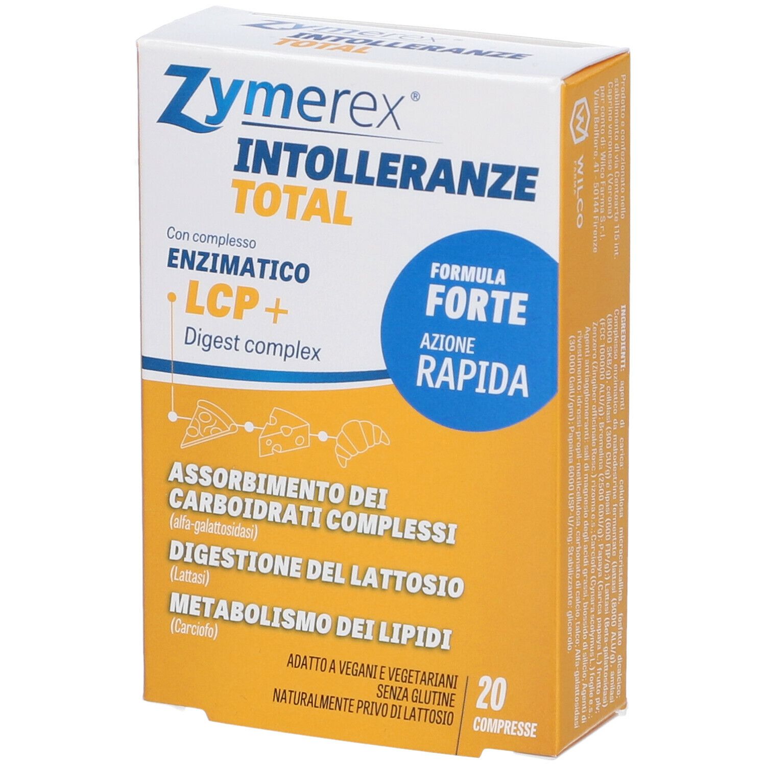 Zymerex INTOLLERANZE TOTAL. Confezione con scritte. Contiene 20 compresse. Con complesso enzimatico LCP+.