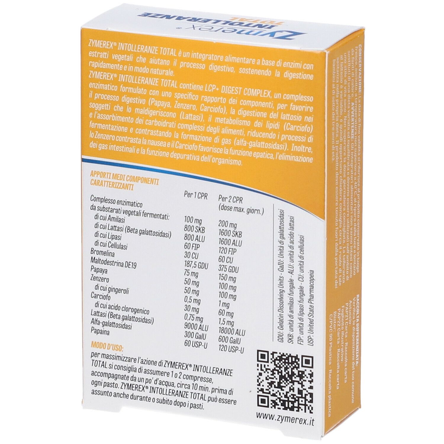 Zymerex INTOLLERANZE TOTAL. Confezione con informazioni e codice QR. Contiene 20 compresse.