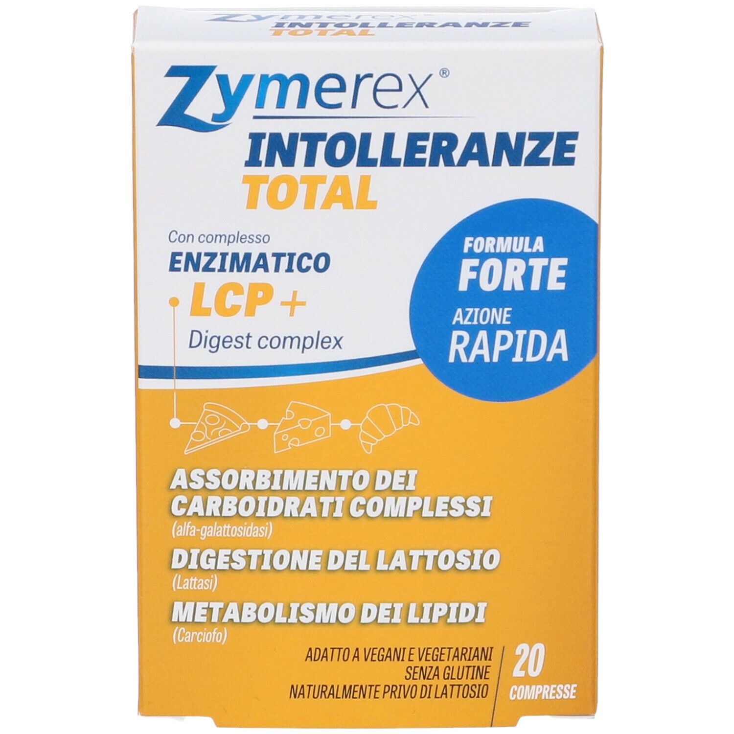 Zymerex INTOLLERANZE TOTAL. Confezione con scritte. Contiene 20 compresse. Con complesso enzimatico LCP+.