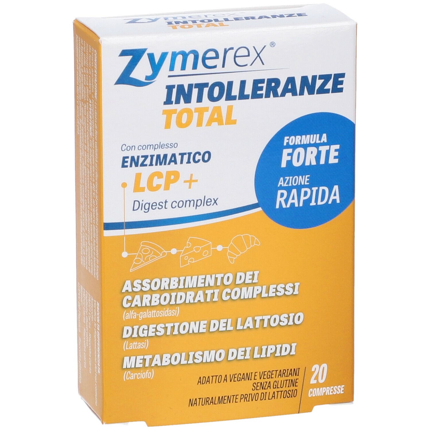 Zymerex INTOLLERANZE TOTAL. Confezione con scritte. Contiene 20 compresse. Con complesso enzimatico LCP+.