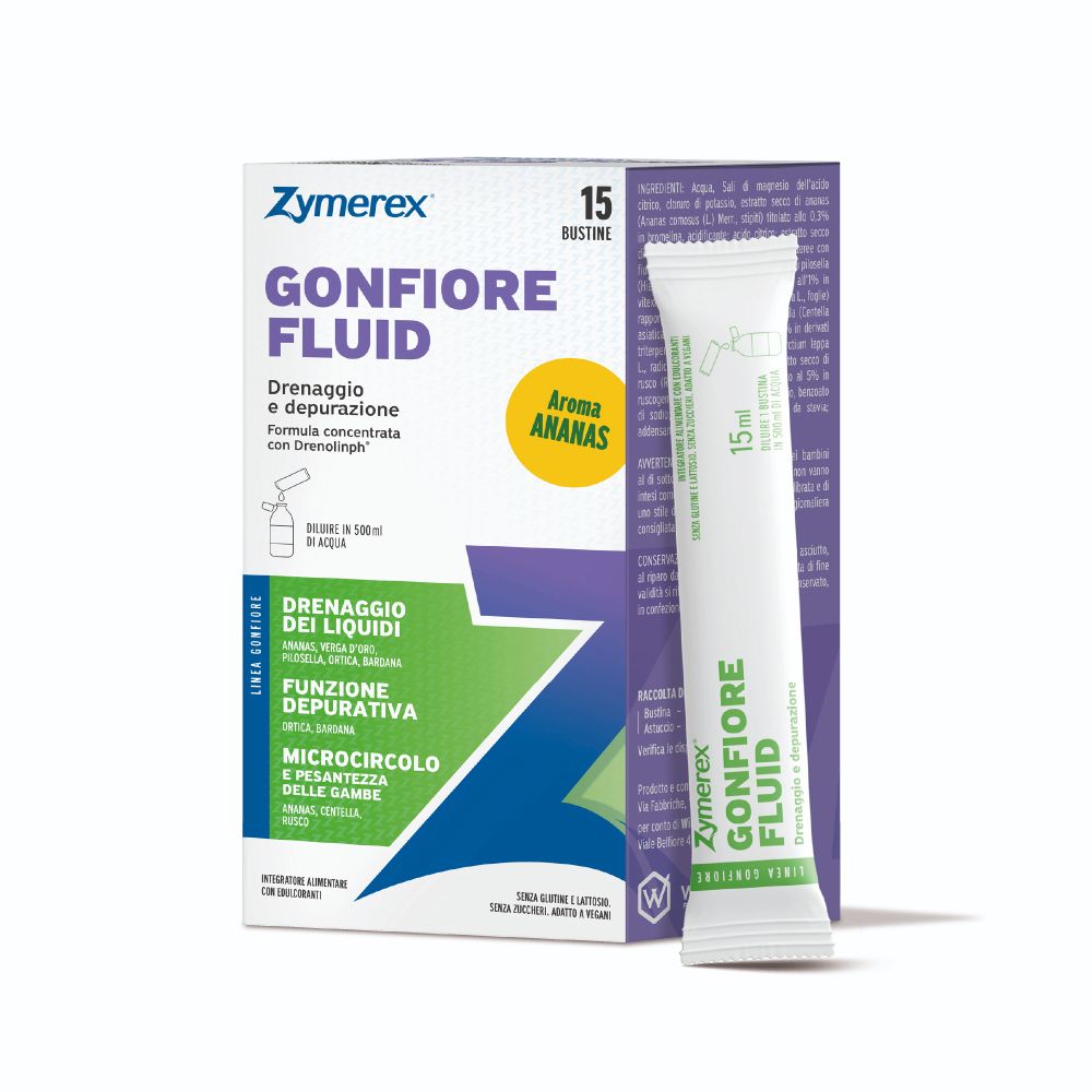 Scatola di Zymerex Gonfiore Fluid con 15 bustine. Scritto: Aroma Ananas. Una bustina accanto.