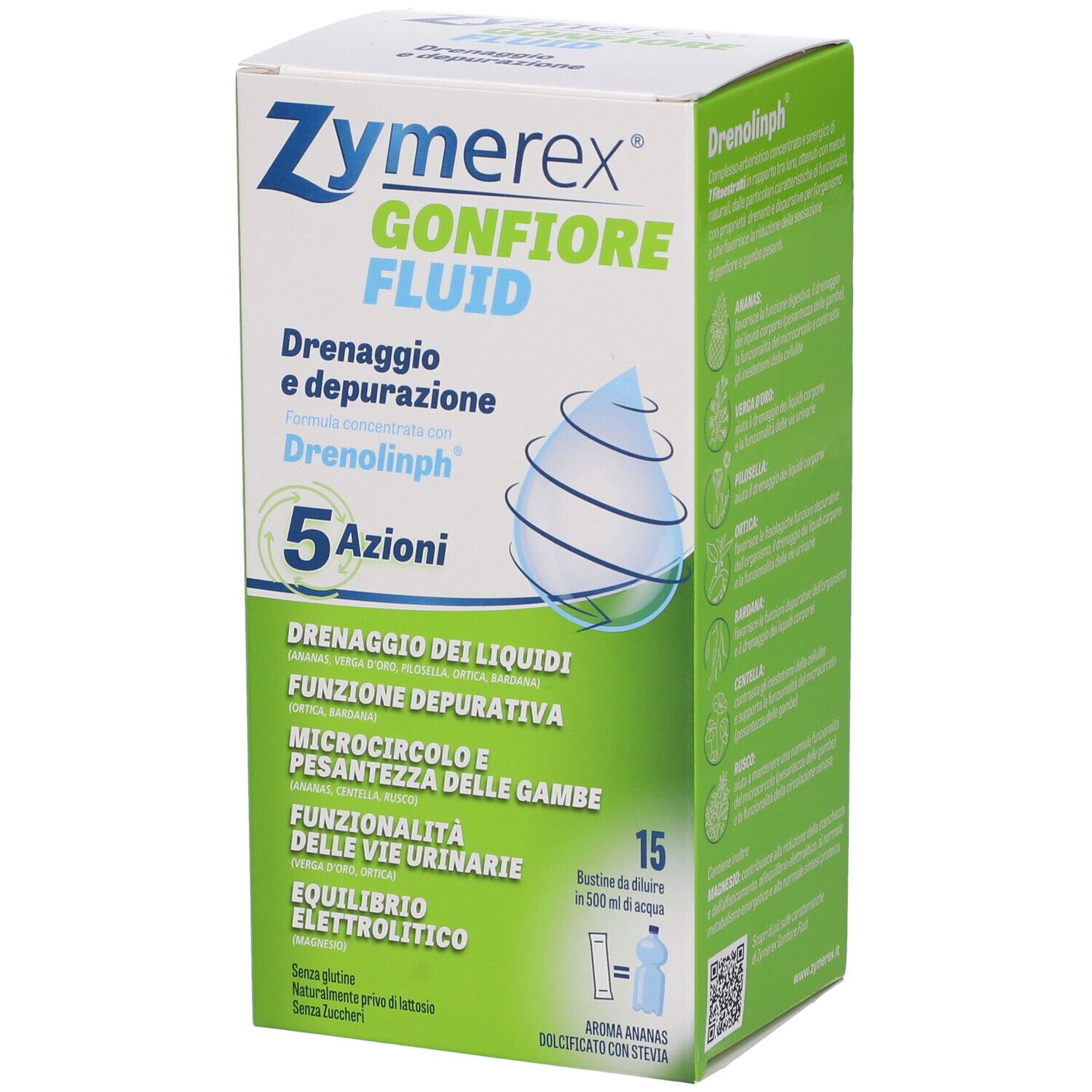 Scatola Zymerex Gonfiore Fluid. Verde e bianca. Testo: Drenaggio e depurazione, 5 Azioni. 15 bustine.