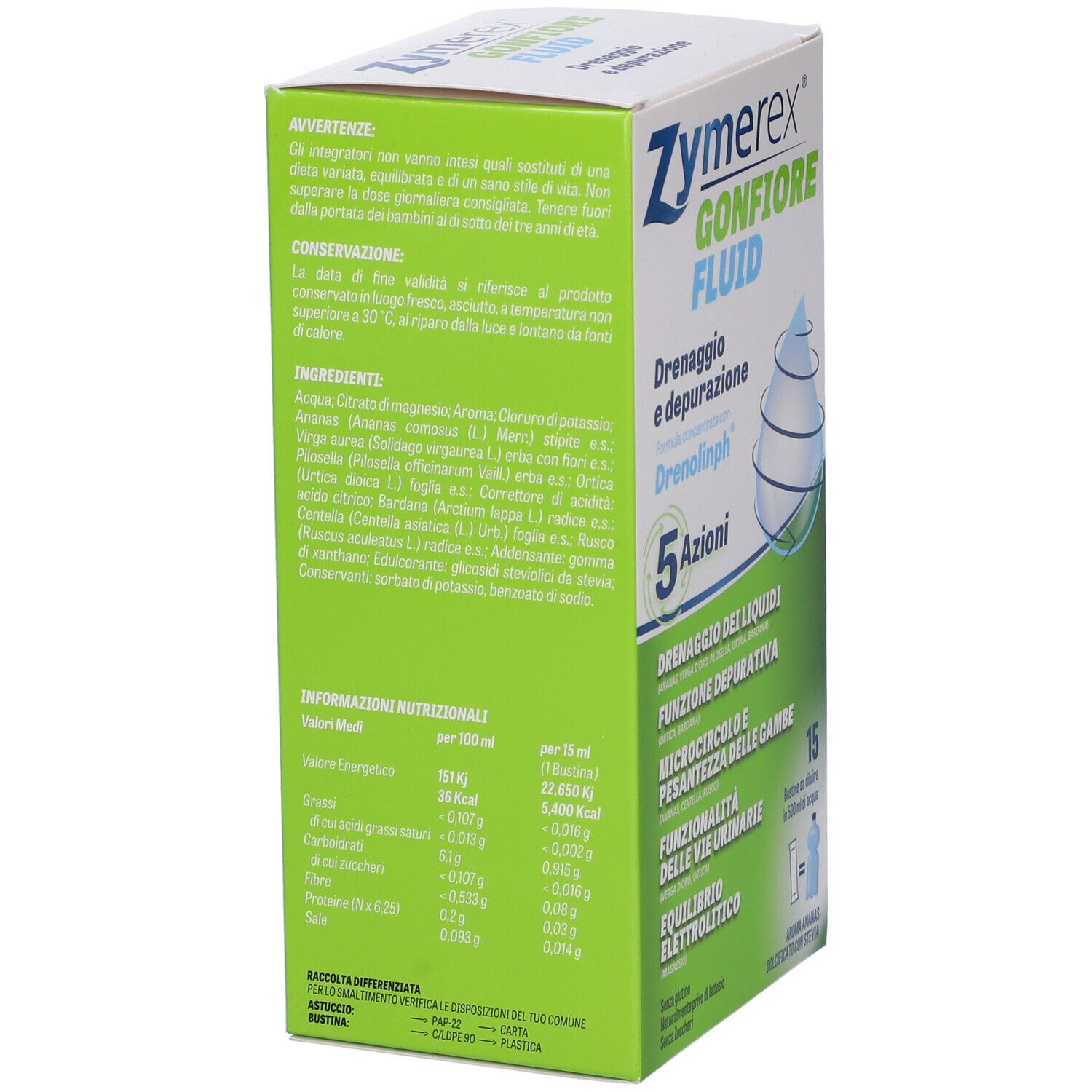Retro della scatola Zymerex Gonfiore Fluid. Testo sugli ingredienti e valori nutrizionali.