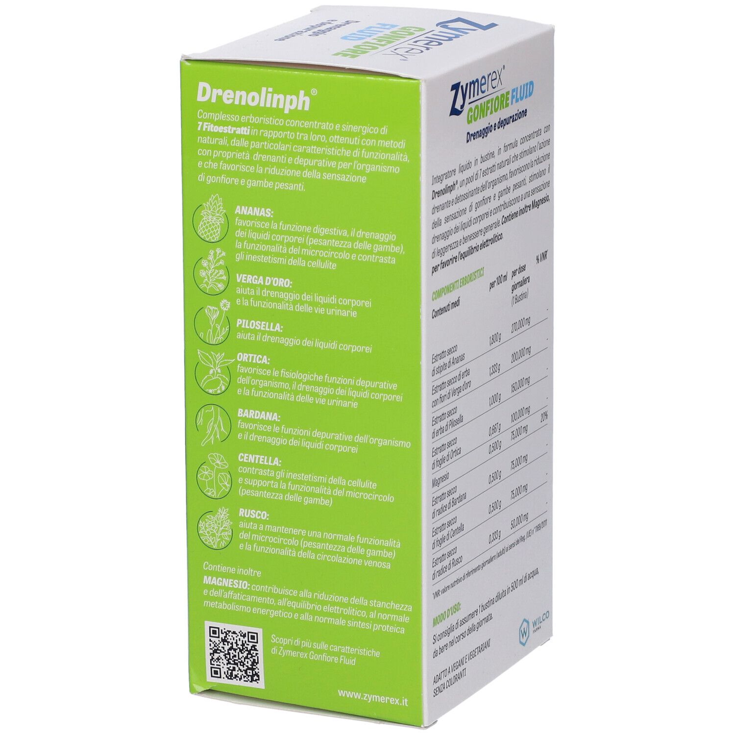 Lato della scatola Zymerex Gonfiore Fluid. Testo sugli ingredienti e l'uso.