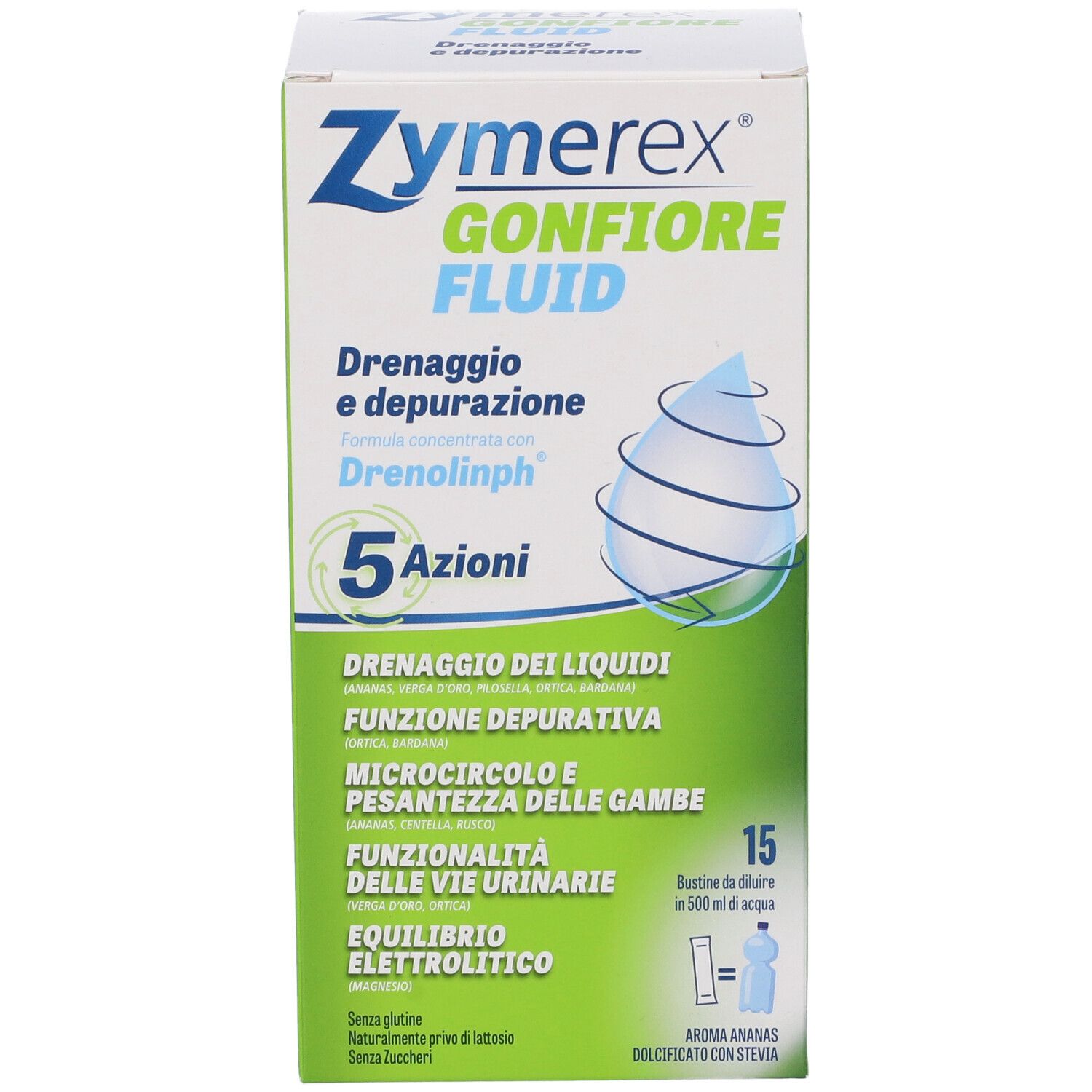 Scatola Zymerex Gonfiore Fluid. Verde e bianca. Testo: Drenaggio e depurazione, 5 Azioni. 15 bustine.