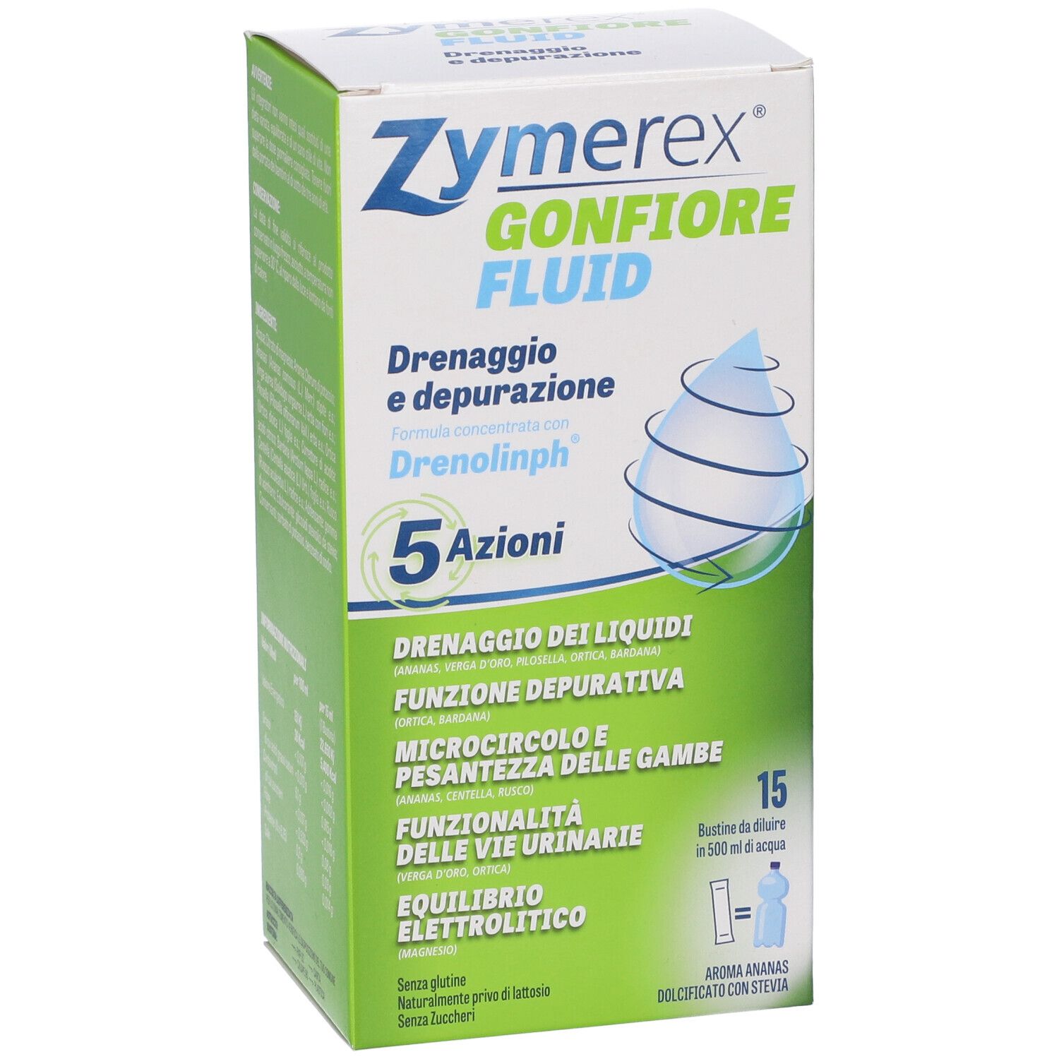 Scatola Zymerex Gonfiore Fluid. Verde e bianca. Testo: Drenaggio e depurazione, 5 Azioni. 15 bustine.