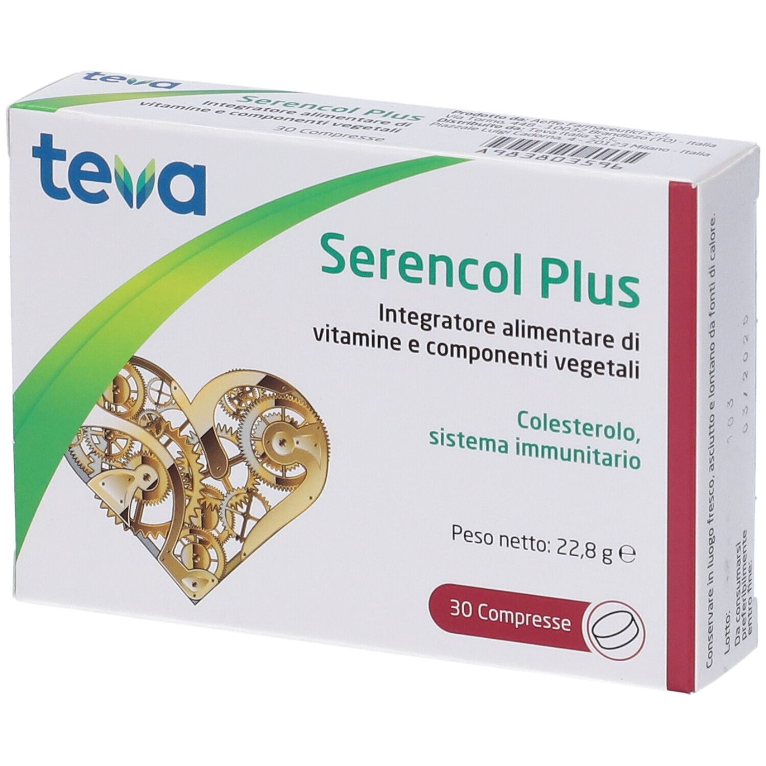 Scatola di Serencol Plus Compresse. Marchio Teva. Design a cuore con ingranaggi. Contiene 30 compresse. Testo: Integratore alimentare.