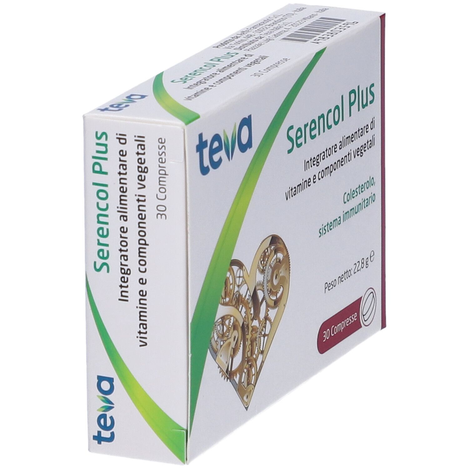 Scatola di Serencol Plus Compresse. Marchio Teva. Design a cuore. Contiene 30 compresse. Testo: Integratore alimentare. Vista prospettica.
