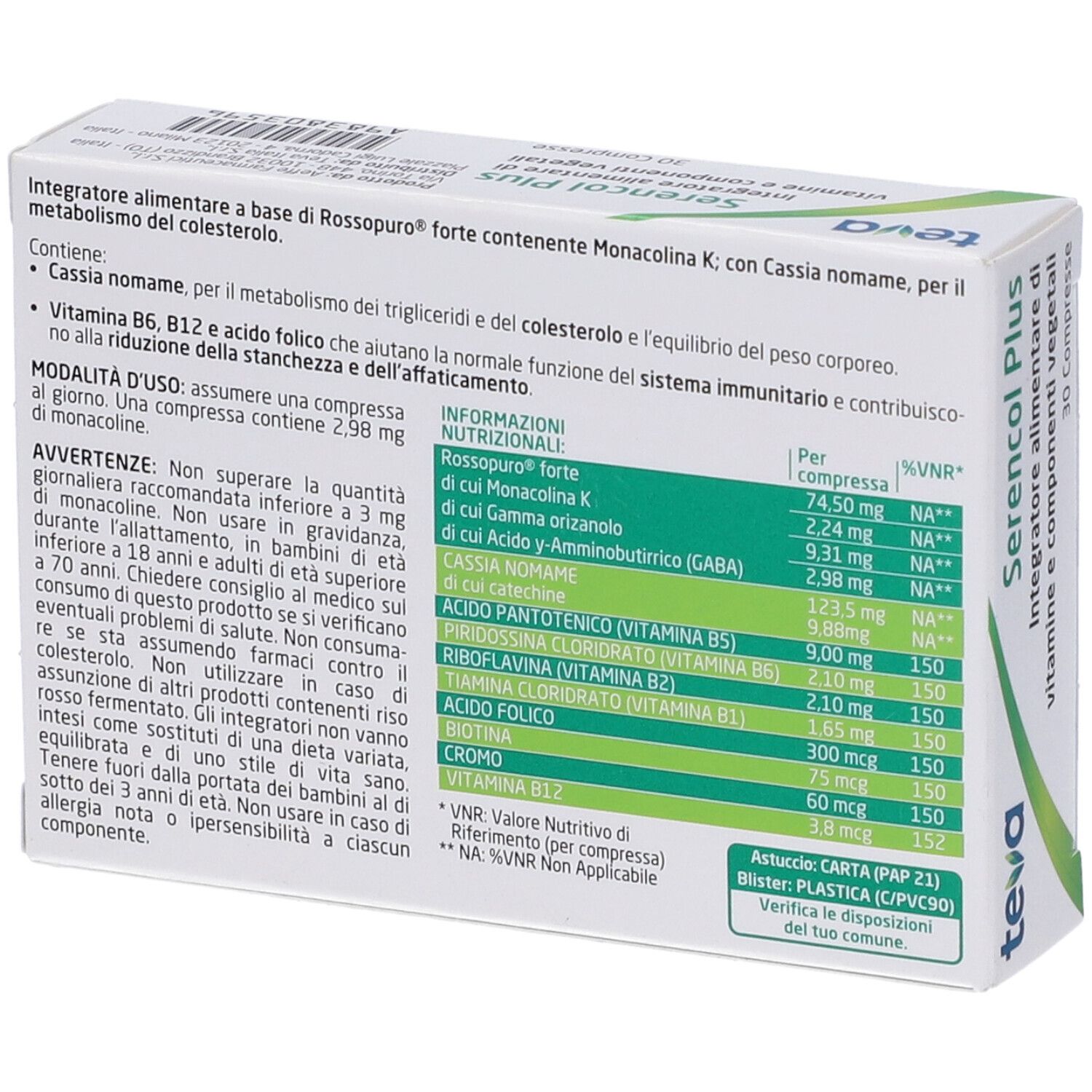 Retro della scatola Serencol Plus Compresse. Testo con ingredienti e informazioni nutrizionali. Marchio Teva.