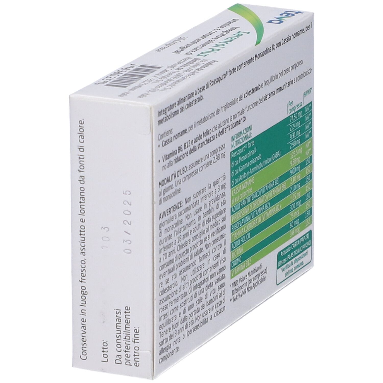 Lato della scatola Serencol Plus Compresse. Testo con ingredienti e informazioni nutrizionali. Marchio Teva.