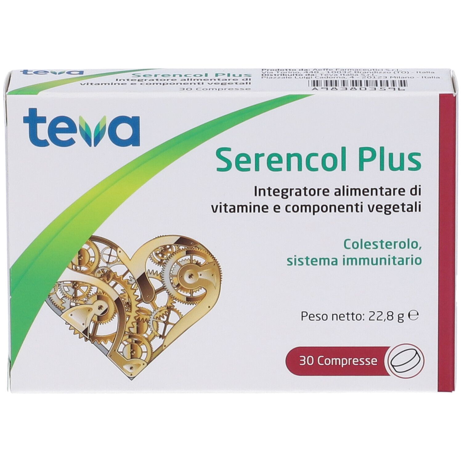 Scatola di Serencol Plus Compresse. Marchio Teva. Design a cuore con ingranaggi. Contiene 30 compresse. Testo: Integratore alimentare.