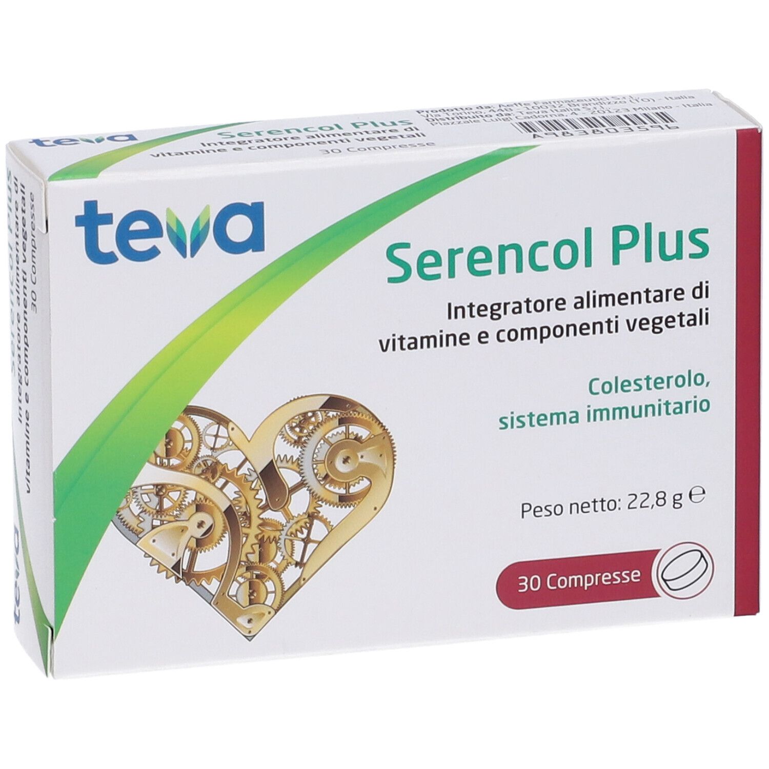 Scatola di Serencol Plus Compresse. Marchio Teva. Design a cuore. Contiene 30 compresse. Testo: Integratore alimentare.