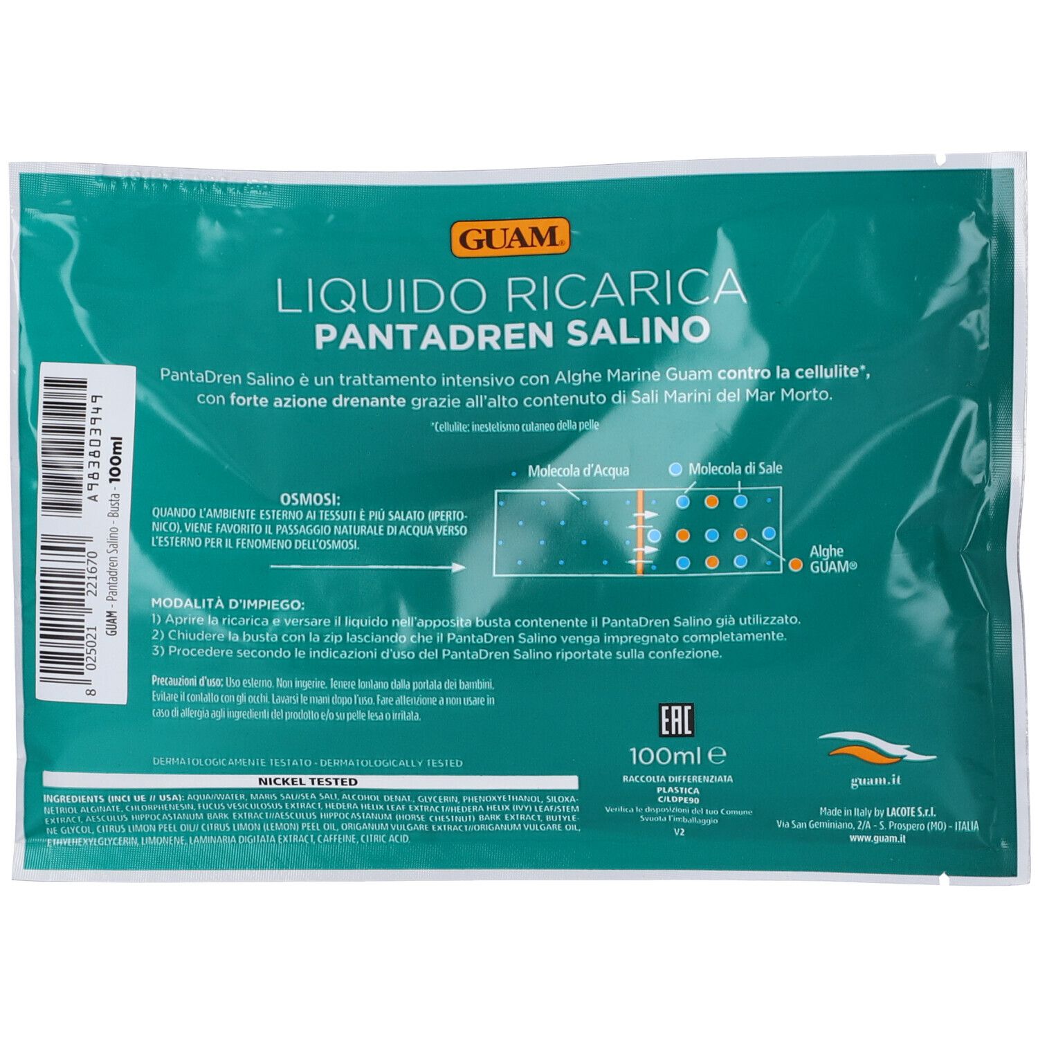 Retro della busta verde. Testo: GUAM, LIQUIDO RICARICA PANTADREN SALINO. Contiene 100ml. Con diagramma.