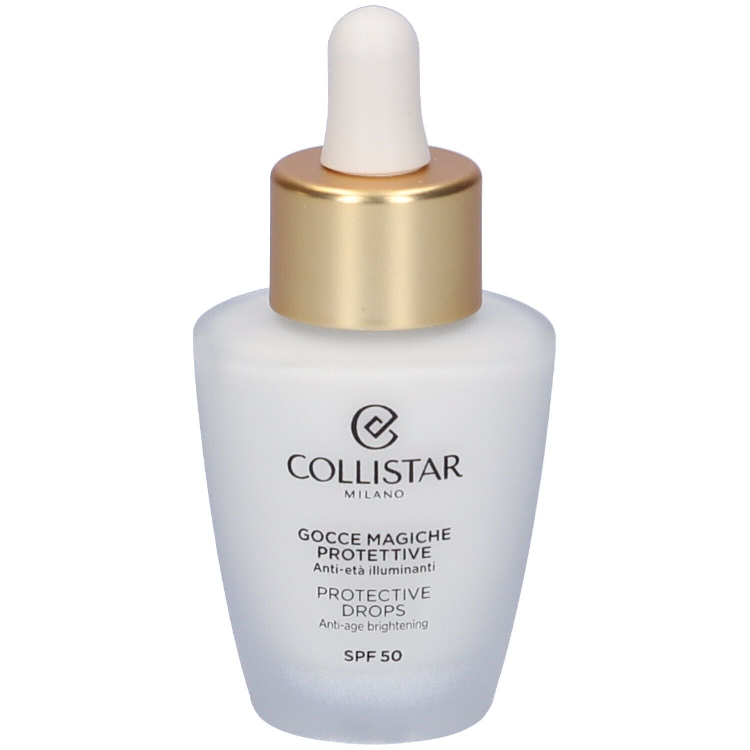 Flacone bianco con tappo dorato e contagocce. Scritta: Collistar, Gocce Magiche Protettive, Protective Drops, SPF 50.