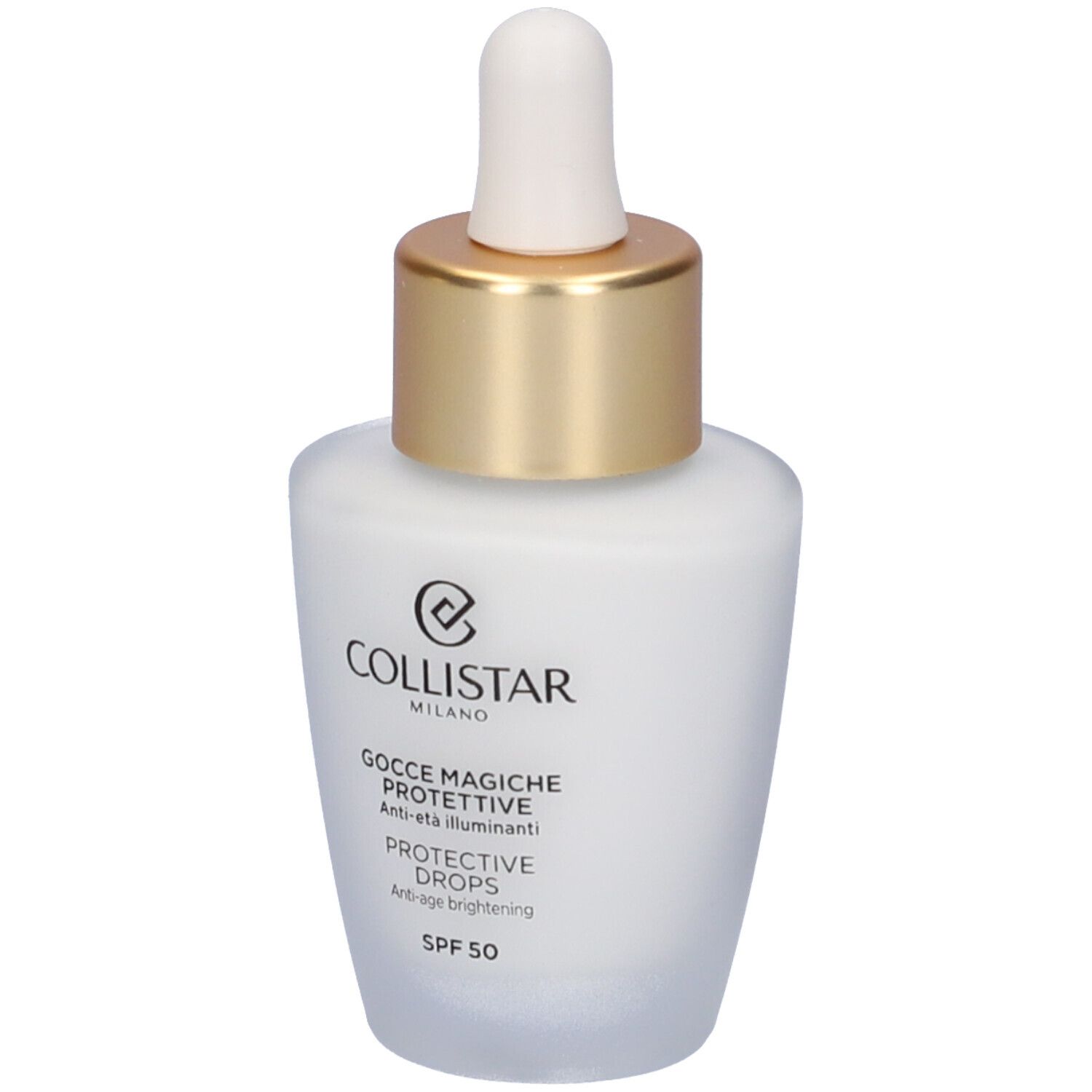 Flacone bianco con tappo dorato e contagocce. Scritta: Collistar, Gocce Magiche Protettive, Protective Drops, SPF 50.