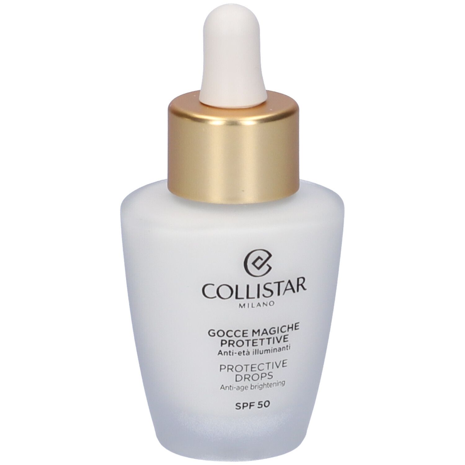Flacone bianco con tappo dorato e contagocce. Scritta: Collistar, Gocce Magiche Protettive, Protective Drops, SPF 50.