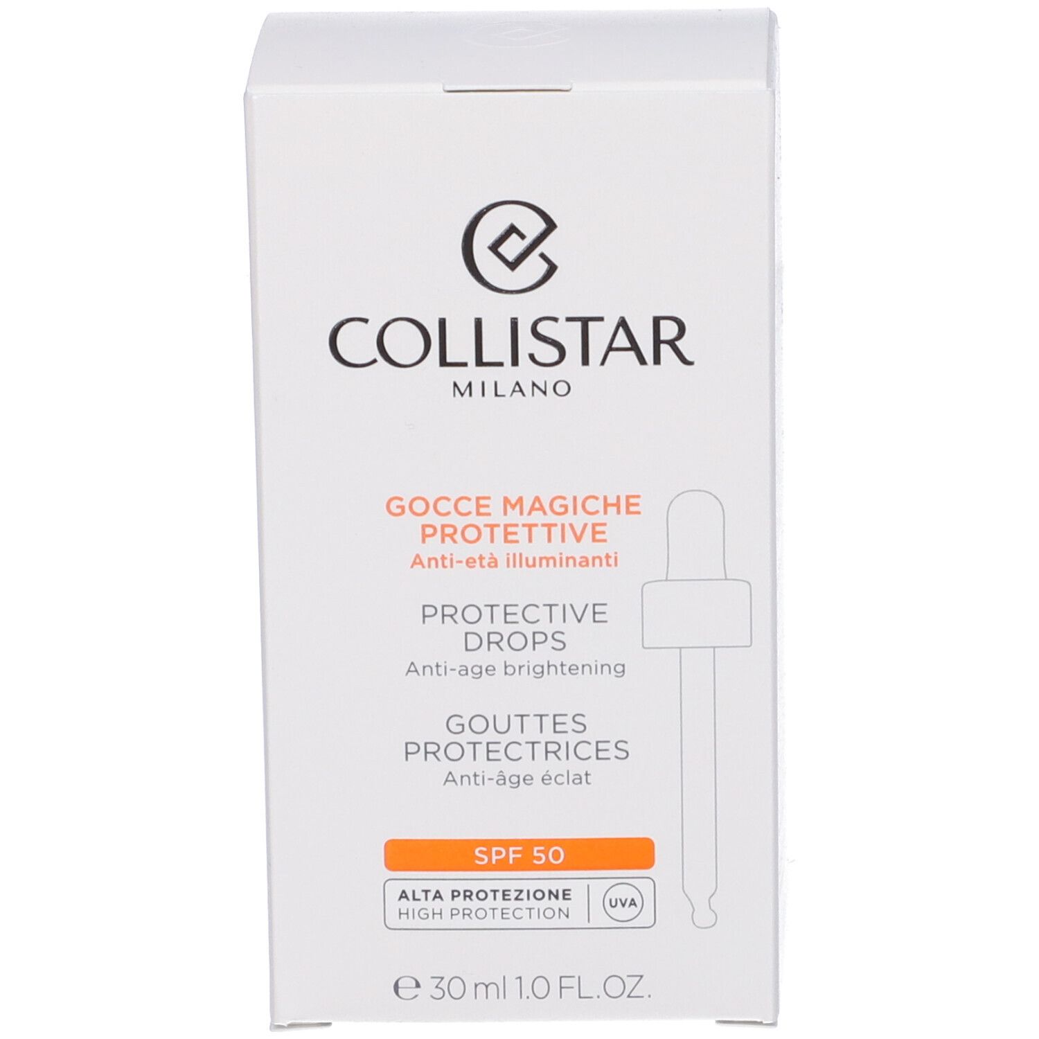 Confezione bianca del prodotto con scritta: Collistar, Gocce Magiche Protettive, Protective Drops, SPF 50, 30 ml.