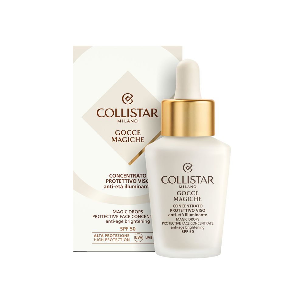 Produktverpackung und Fläschchen. Aufschrift: Collistar, Gocce Magiche, Protective Drops, SPF 50. Weiße Verpackung.