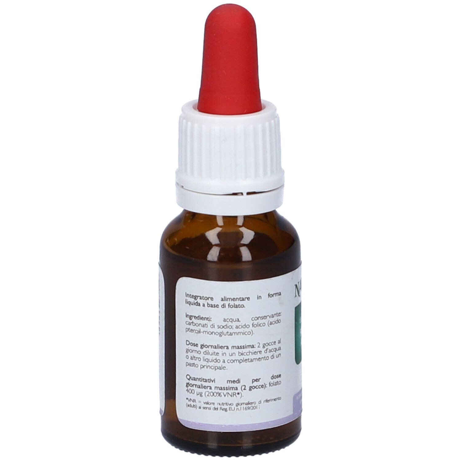 Retro di un flacone in vetro ambrato con contagocce, etichetta con ingredienti e istruzioni.