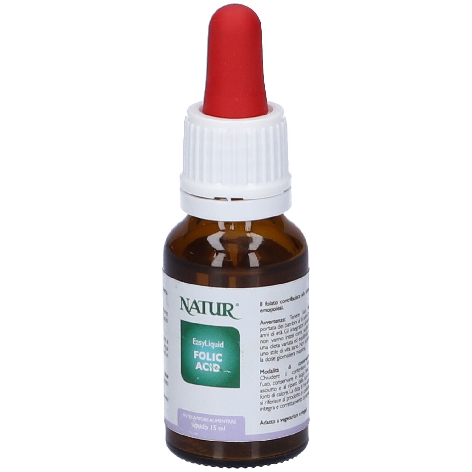 Flacone in vetro ambrato con contagocce, etichetta "EasyLiquid FOLIC ACID" e "NATUR".