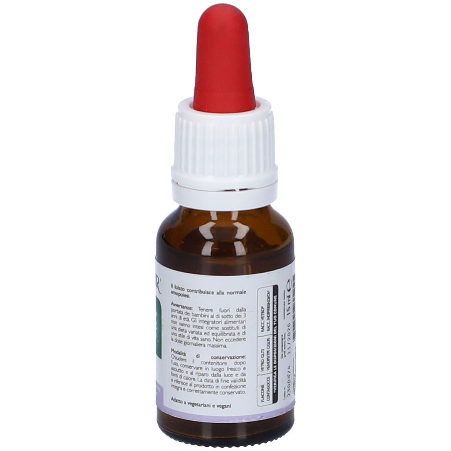 Flacone in vetro ambrato con contagocce, etichetta "EasyLiquid FOLIC ACID" e "NATUR".