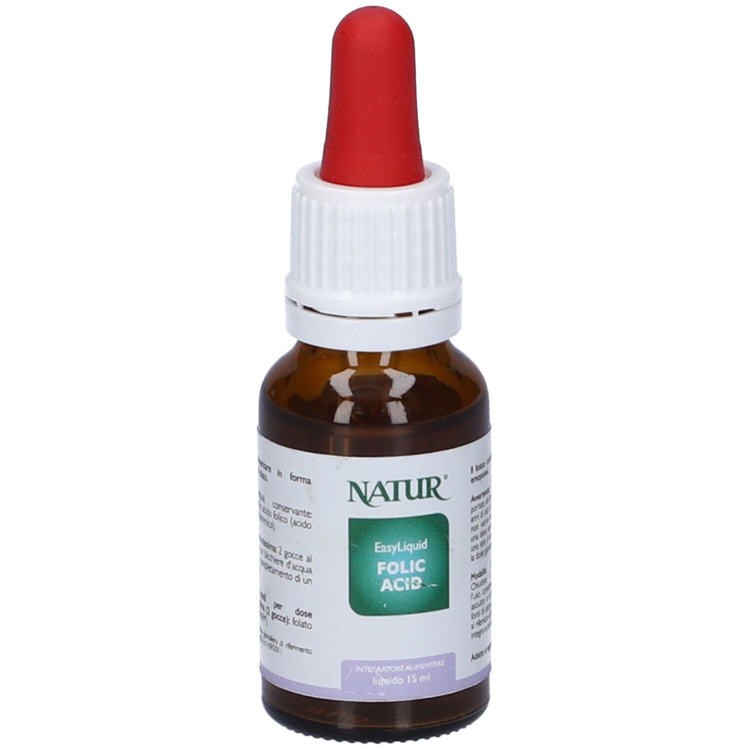 Flacone in vetro ambrato con contagocce, etichetta "EasyLiquid FOLIC ACID" e "NATUR".
