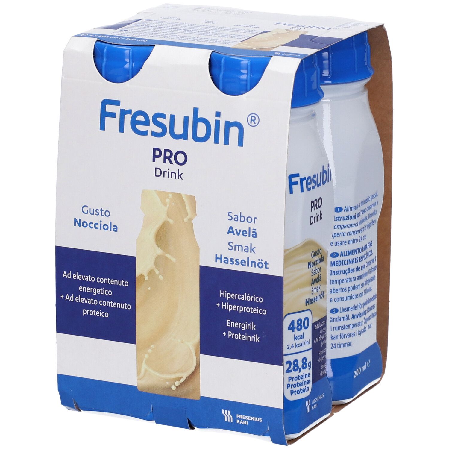 Fresubin Pro Drink Nocciola: Quattro bottiglie in confezione di cartone. Ricco di energia e proteine.