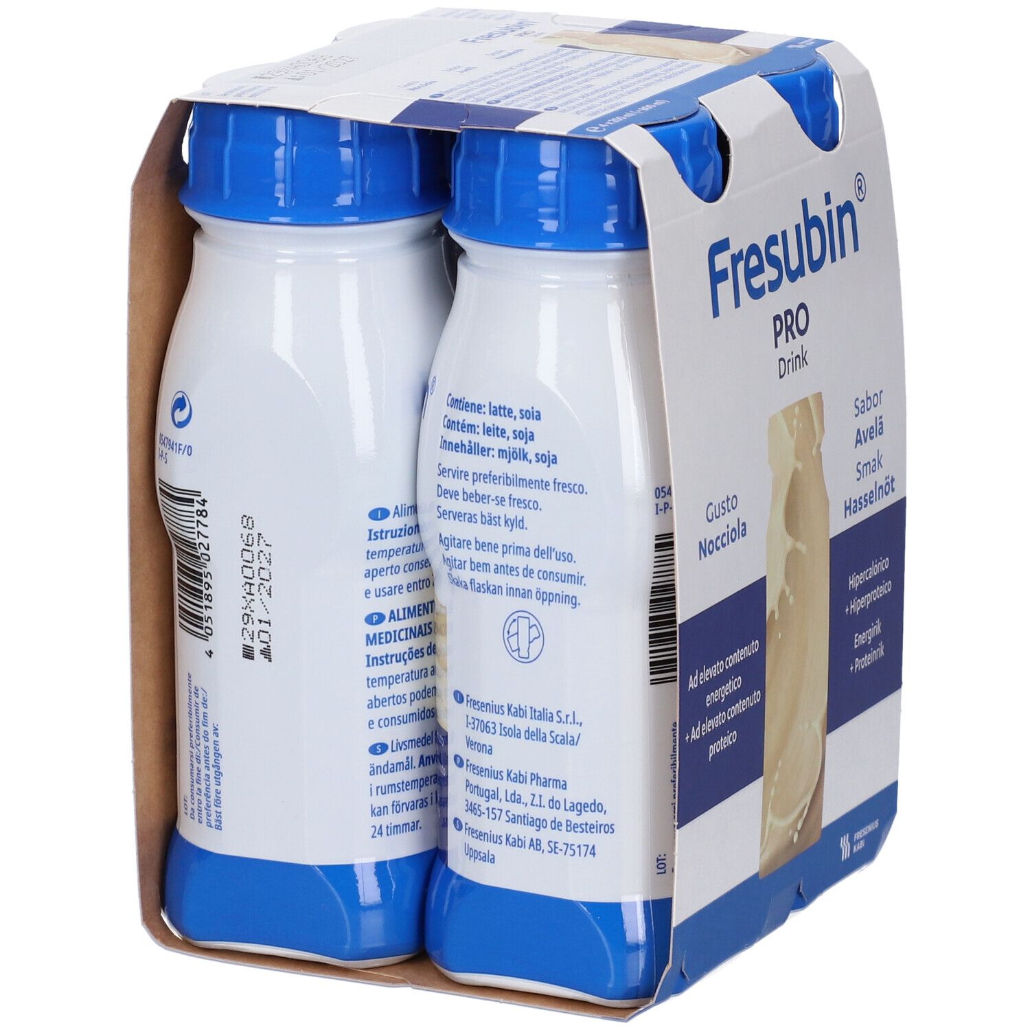 Fresubin Pro Drink Nocciola: Retro di una confezione da quattro bottiglie. Contiene informazioni nutrizionali.