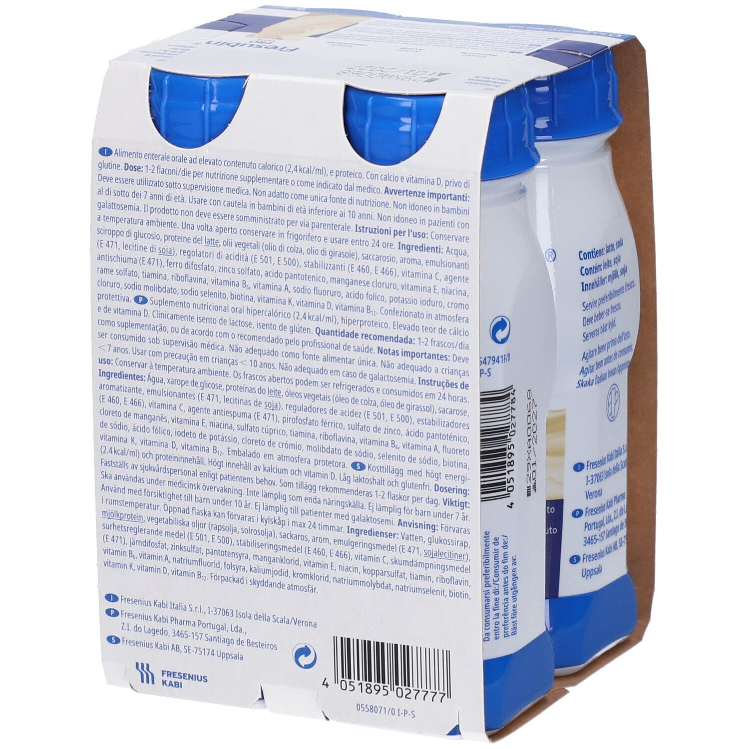 Fresubin Pro Drink Nocciola: Vista laterale di una confezione da quattro con ingredienti dettagliati.