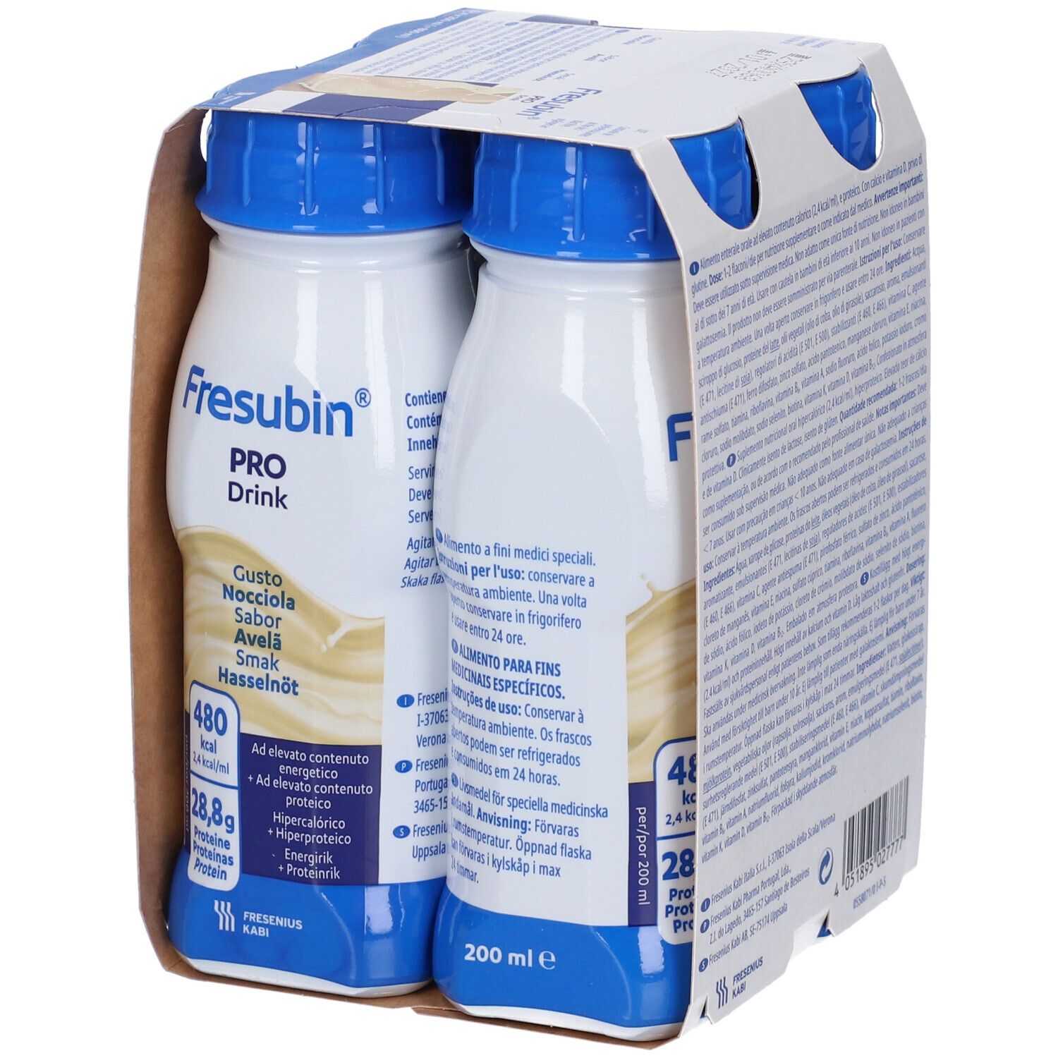 Fresubin Pro Drink Nocciola: Fronte di una confezione da quattro con due bottiglie visibili. Indicazione energetica 480 kcal.