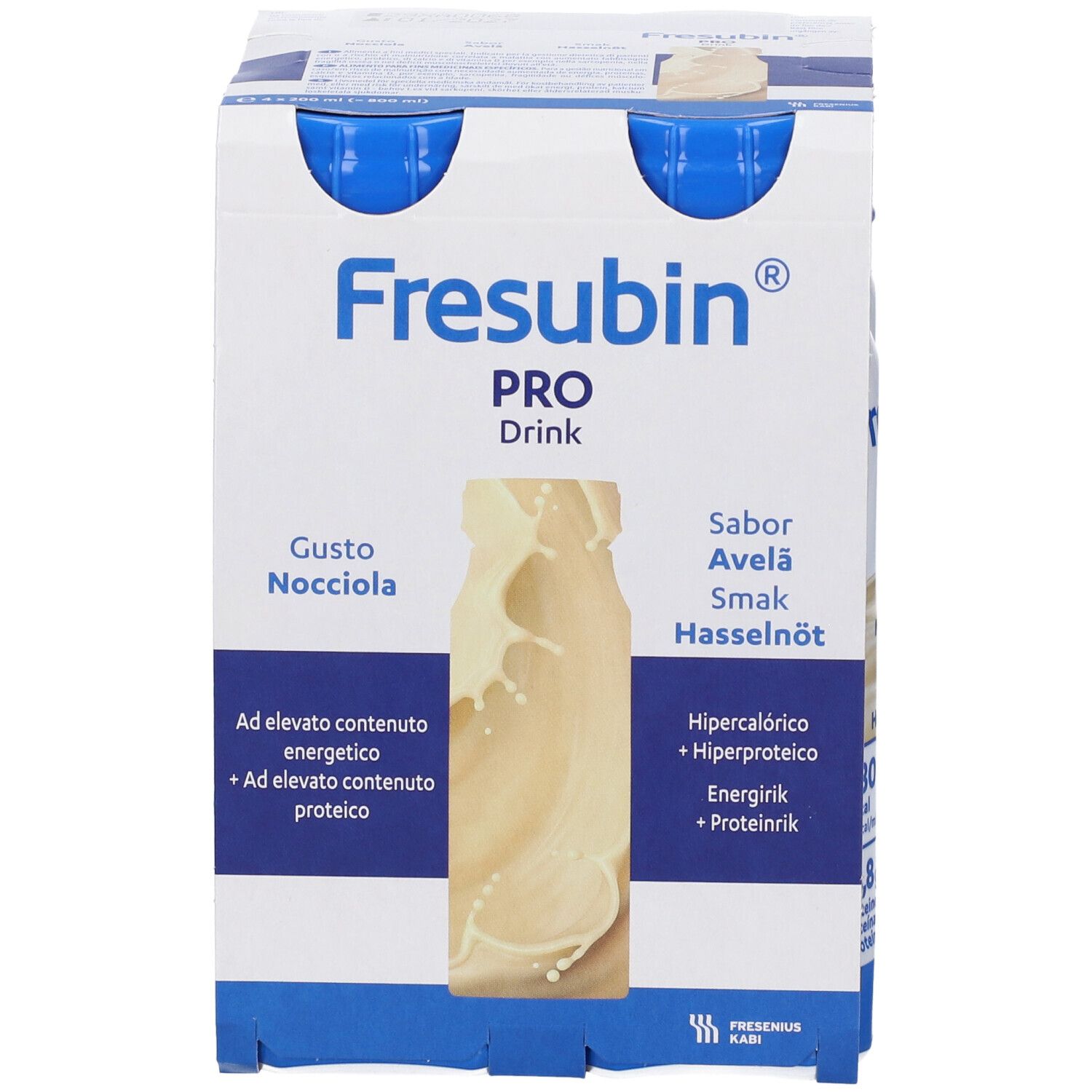 Fresubin Pro Drink Nocciola: Fronte di una confezione da quattro con due bottiglie visibili. Gusto Nocciola.