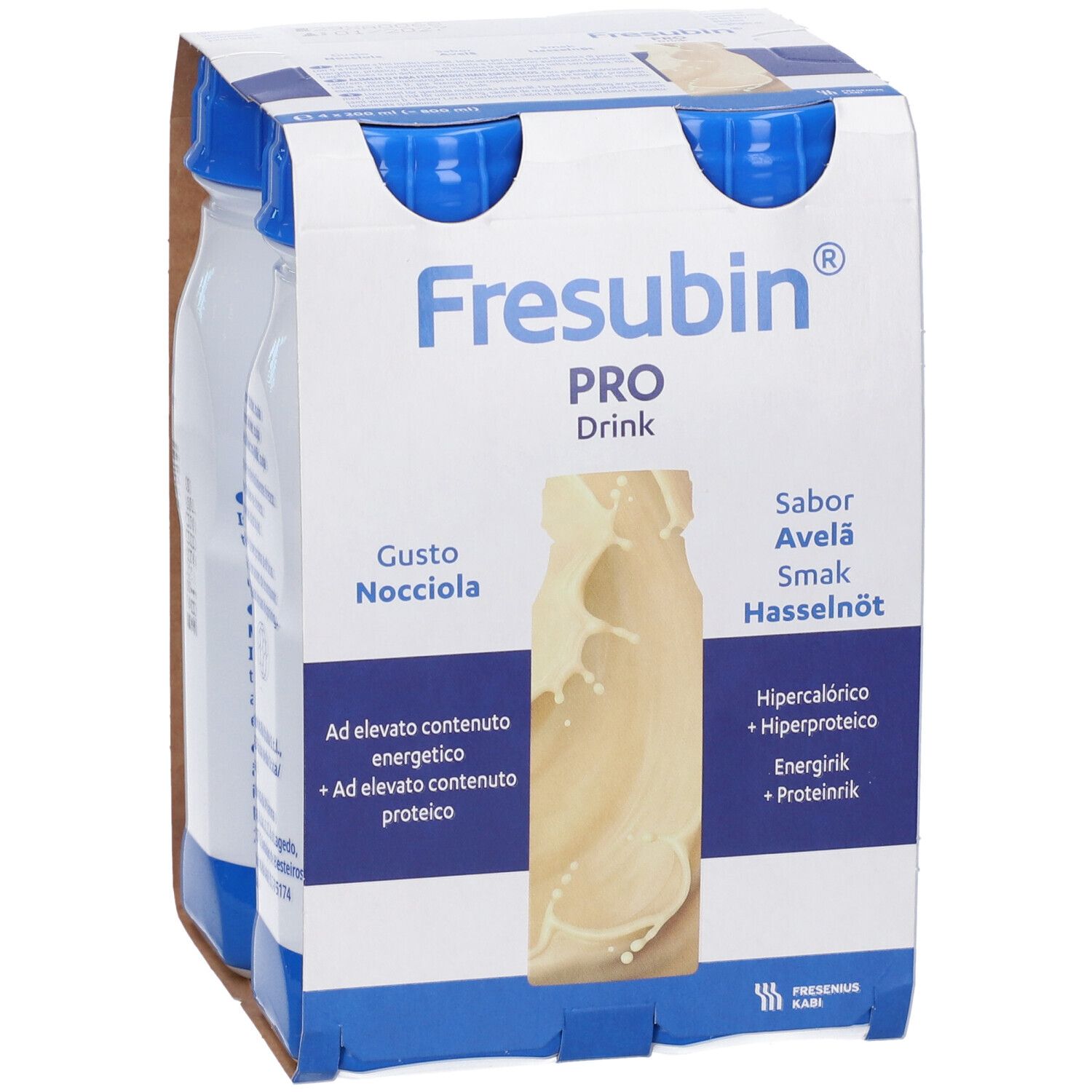 Fresubin Pro Drink Nocciola: Quattro bottiglie in confezione di cartone. Gusto Nocciola, Ricco di energia e proteine.