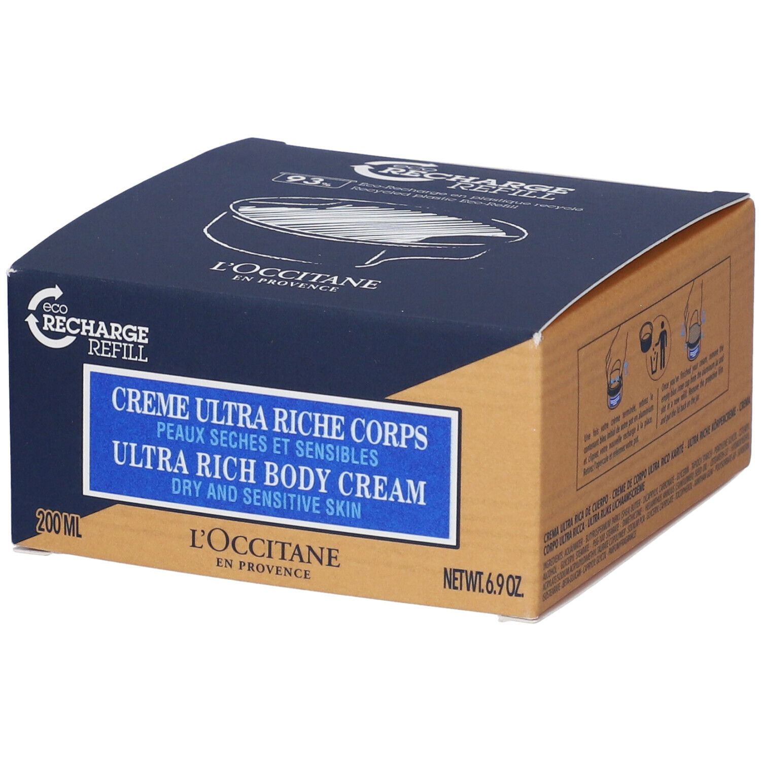 Confezione in cartone. Colori blu e marrone. Testo: Crema Ultra Riche Corps, Ultra Rich Body Cream, 200 ml, 6.9 oz.